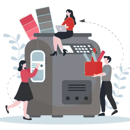 Illustration of a press with people preparing a print job